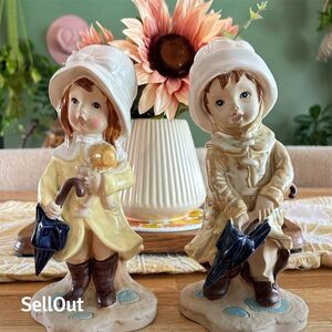 Vintage KPM Porcelain Figurines Boy & Girl with Raincoats & Umbrellas